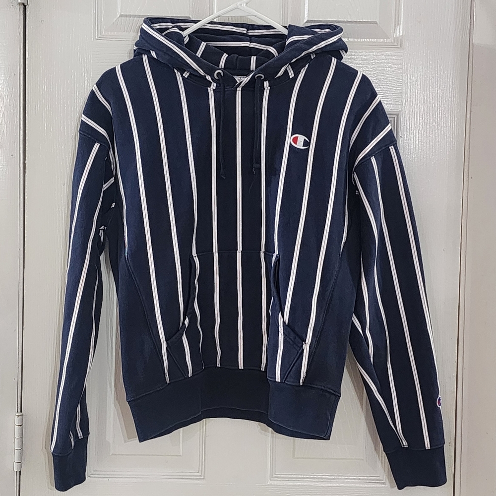 Champion Reverse Weave Pinstripe Hoodie - Navy/White - Medium